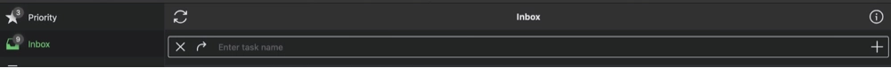 A dark-themed interface with a search bar displaying "Inbox" and a refresh icon. A plus sign and envelope icon are on the left.