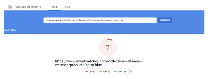 PageSpeed Insights screenshot showing a score of 7 for a URL, indicating slow performance.