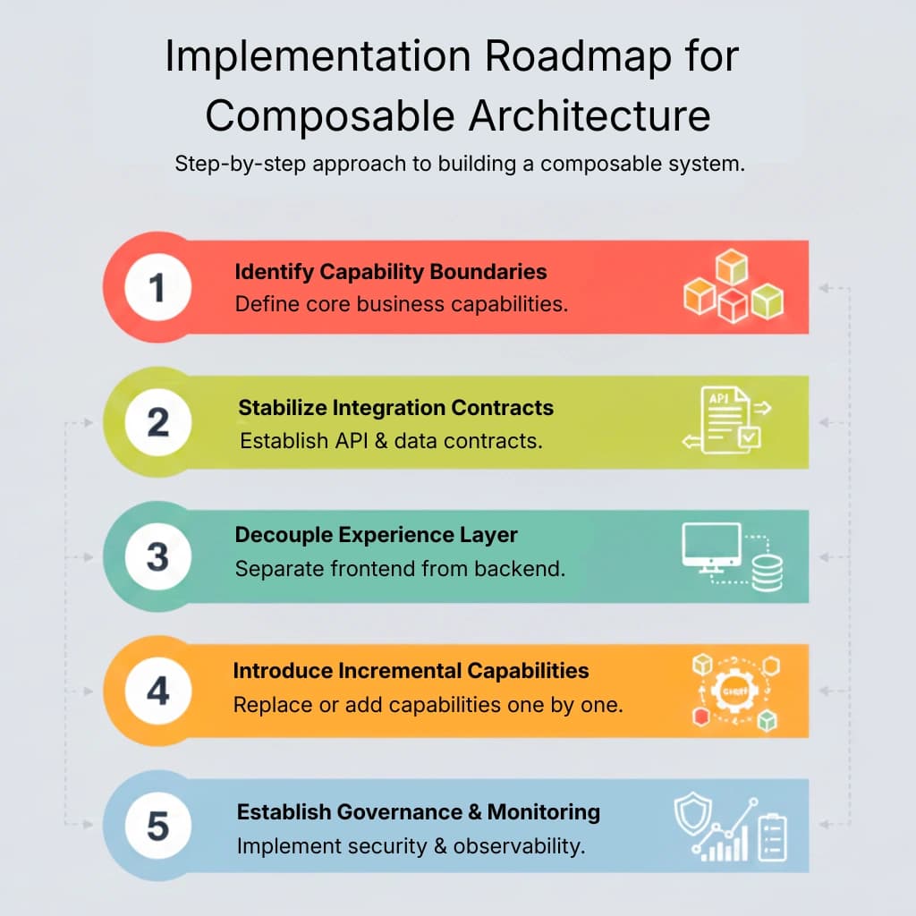 Flowchart titled "Implementation Roadmap for Composable Architecture" with five colorful steps, each detailing a key concept in the process: 1. Identify Capability Boundaries 2. Stabilize Integration Contracts 3. Decouple Experience Layer 4. Introduce Incremental Capabilities 5. Establish Governance & Monitoring.