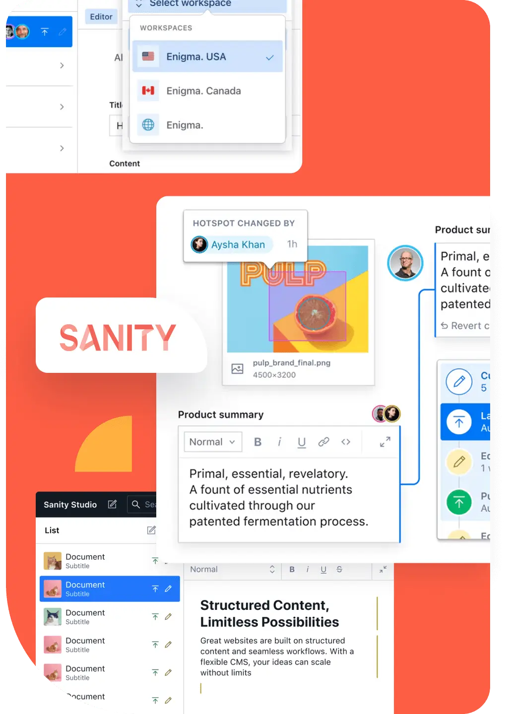 Collage of a Sanity website designs with text editor, image preview, product summary