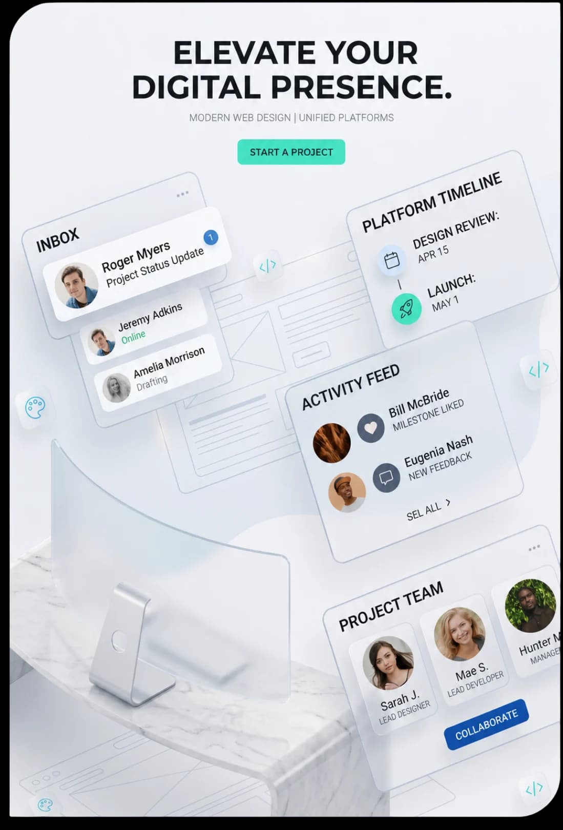 Digital workspace interface showing inbox, platform timeline, activity feed, and project team. Header reads "Elevate Your Digital Presence."