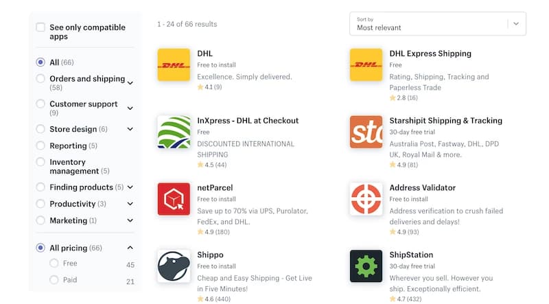Screenshot of a software interface displaying a list of shipping apps, including DHL and Shippo, with filters on the left for categories and pricing.