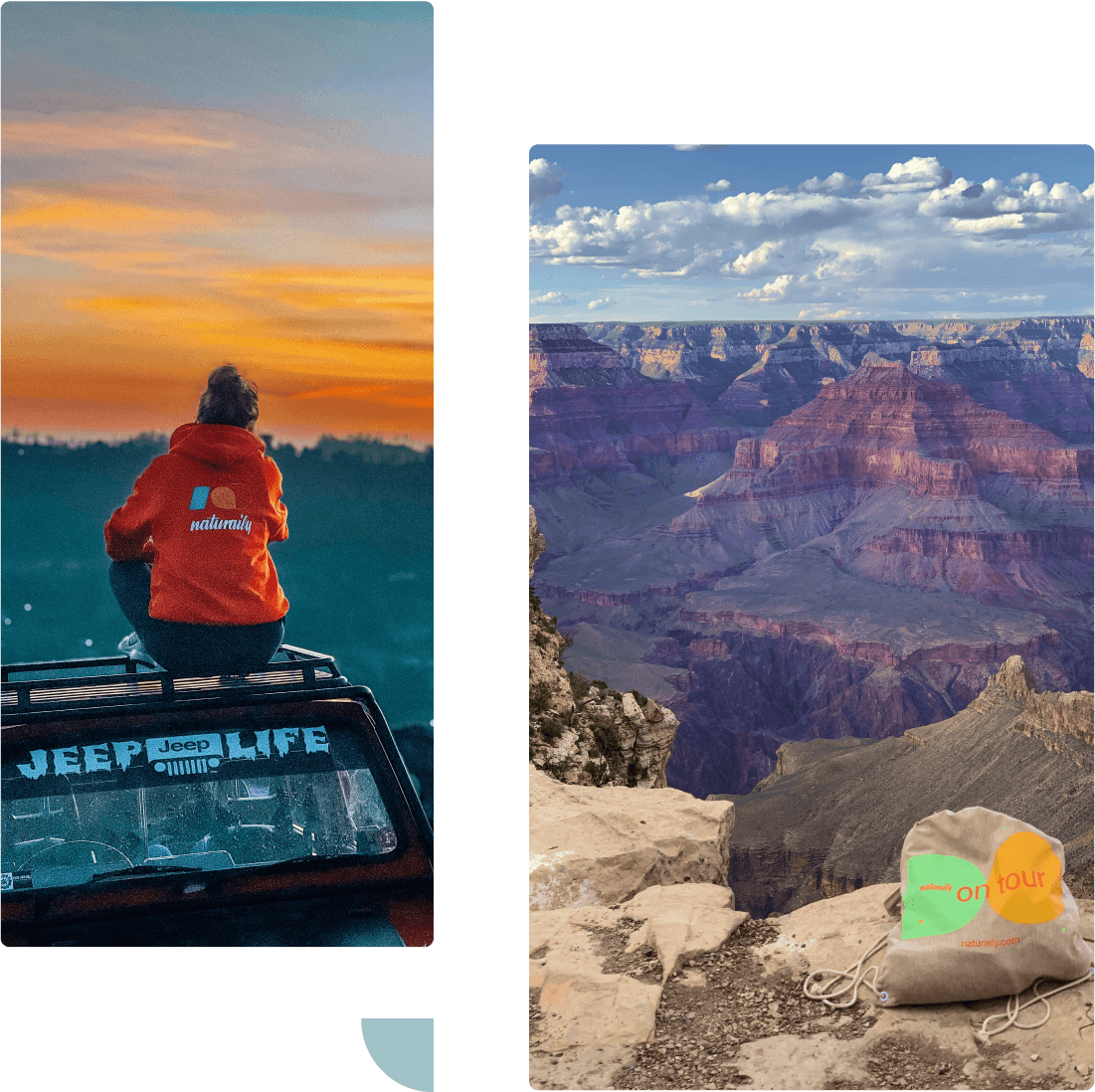 Naturaily employee with an orange hoodie sitting at the top of a jeep, looking in the sky
