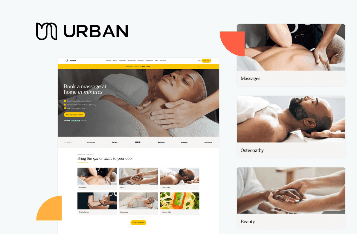 Website interface showcasing massage services with images of massages, osteopathy, and beauty treatments. Urban logo at the top left.