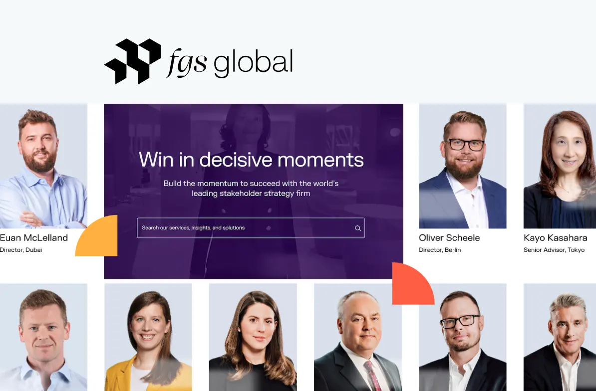 Collage of FGS Global professionals with names and titles, featuring the fgs global logo and a search bar for services and insights.