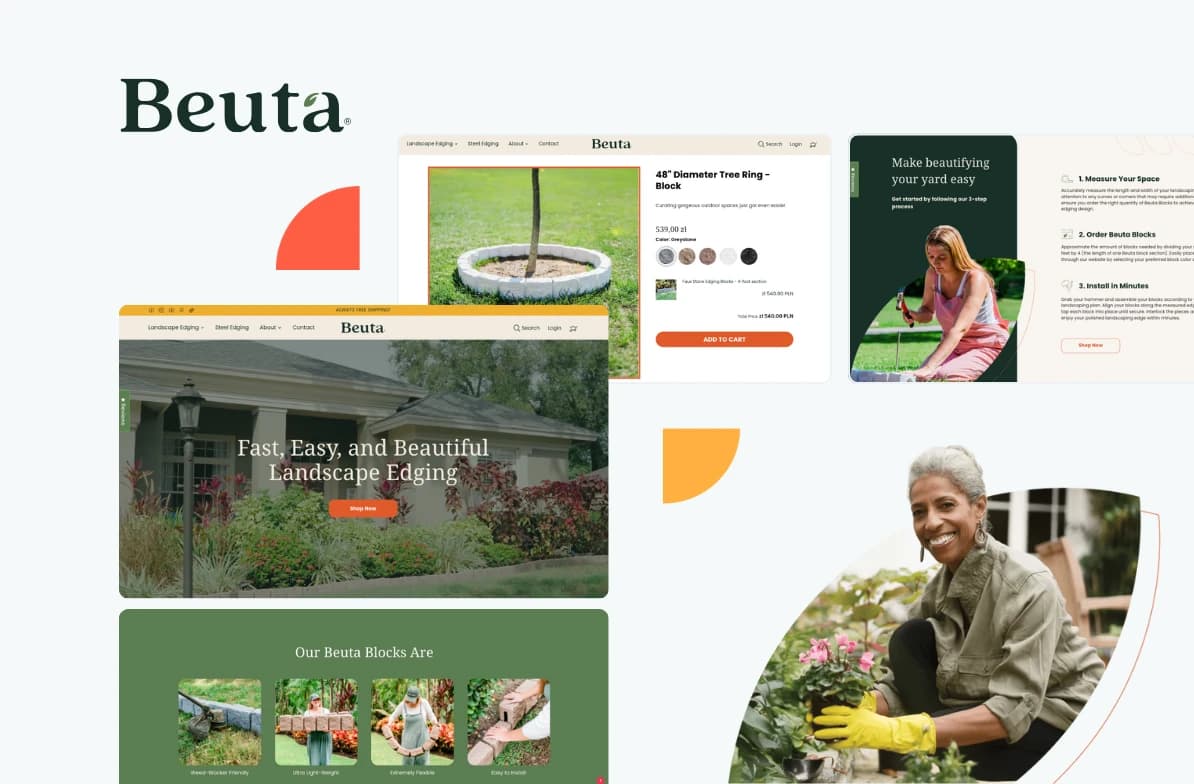 Collage of Beuta website screenshots showcasing landscape edging products, a smiling gardener, and vibrant garden scenes.