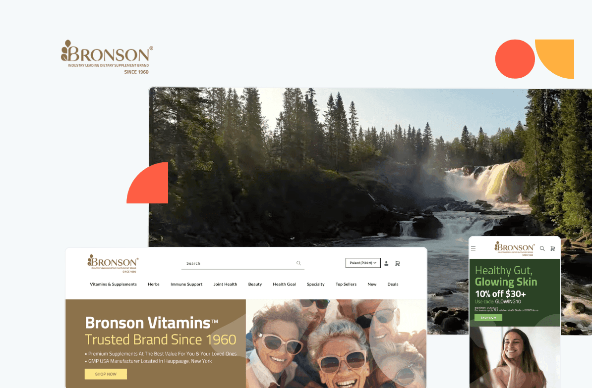 Bronson Vitamins website displaying nature scenery and health products, with a banner promoting glowing skin supplements