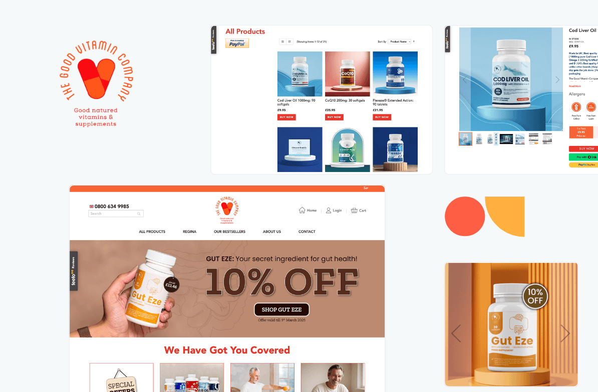 Collage of "The Good Vitamin Company" website pages featuring vitamin bottles, a 10% off promotion, and the company logo.