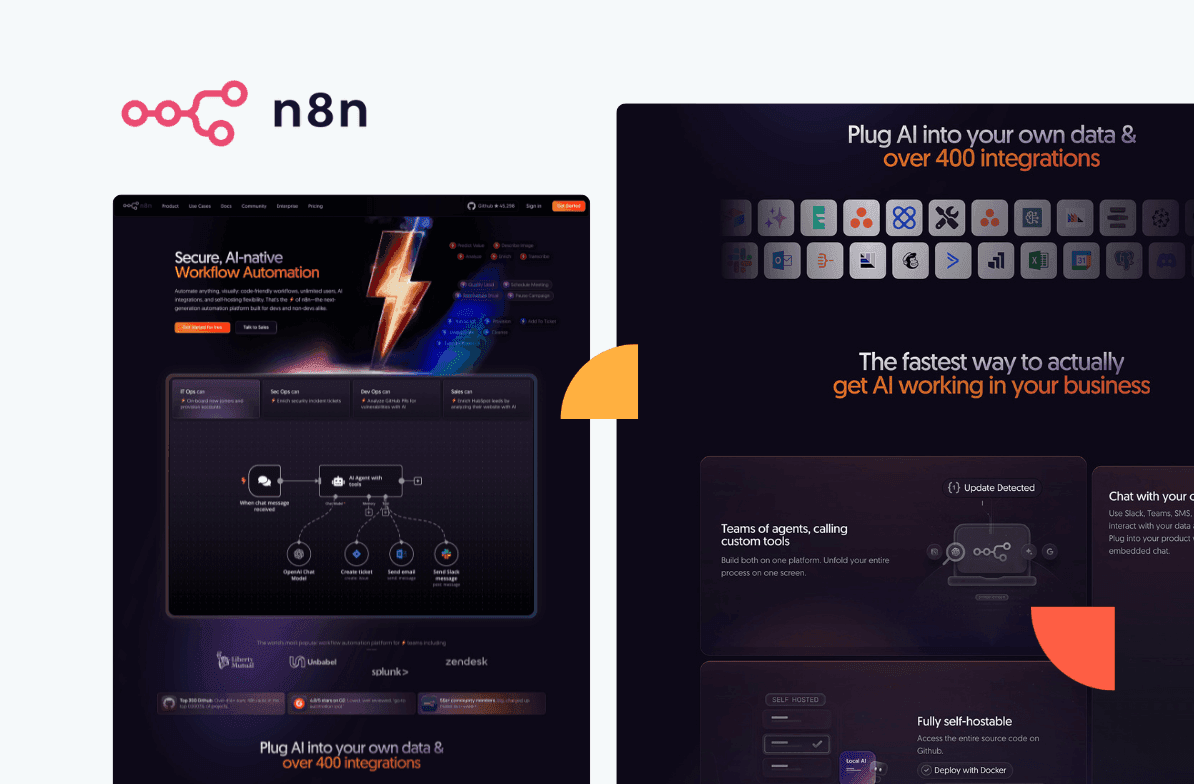 Split-screen image of n8n's website showcasing AI-driven workflow automation with over 400 integrations and secure data management features.