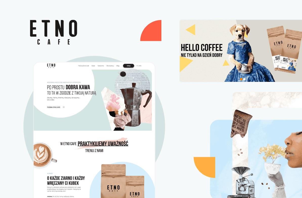 Collage of ETNO Cafe branding with coffee bags, a moka pot, a dog in a shirt, and a woman smelling coffee. Text in Polish.