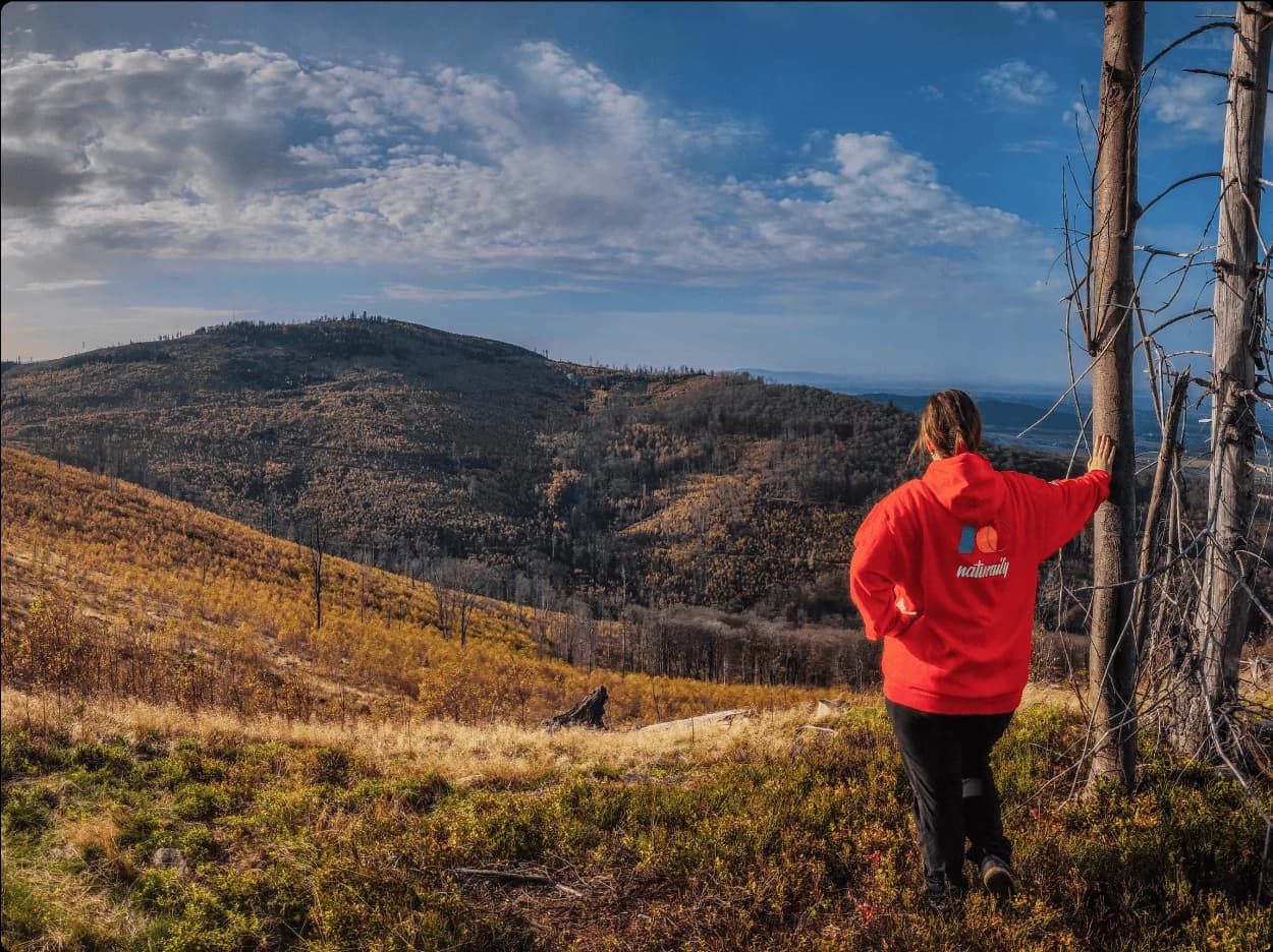Naturaily employee watching the sunset in the mountains while wearing a company-branded hoodie