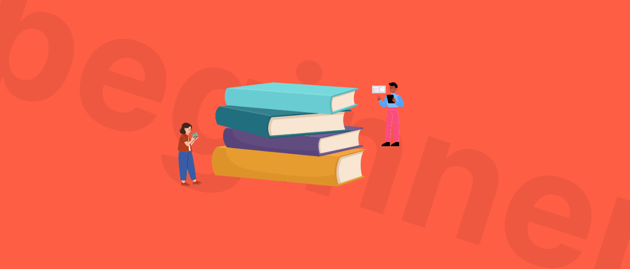 Illustration of two people reading near a stack of colorful books on an orange background with the word "beginner" partially visible.