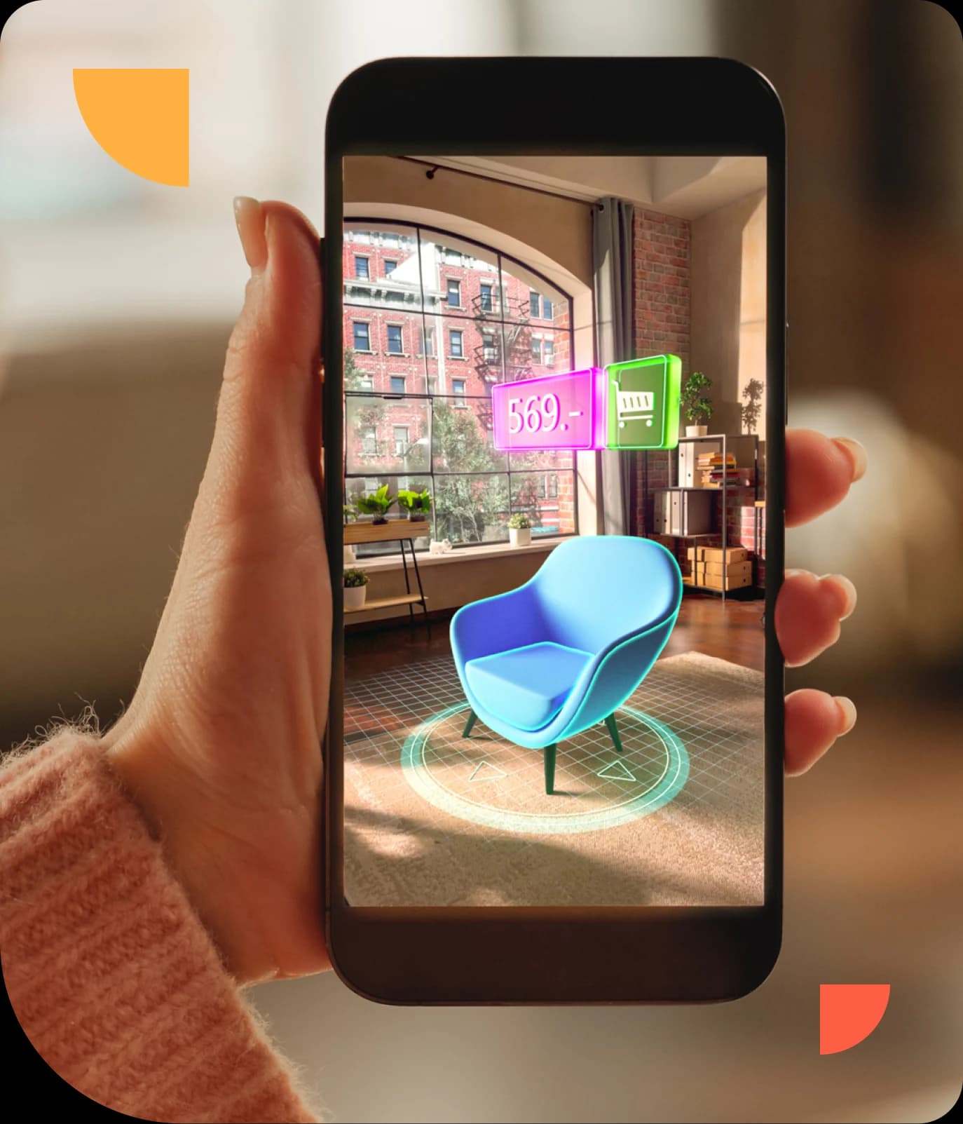 Hand holding a smartphone displaying augmented reality furniture, showcasing a blue chair in a room with price and details overlaid.