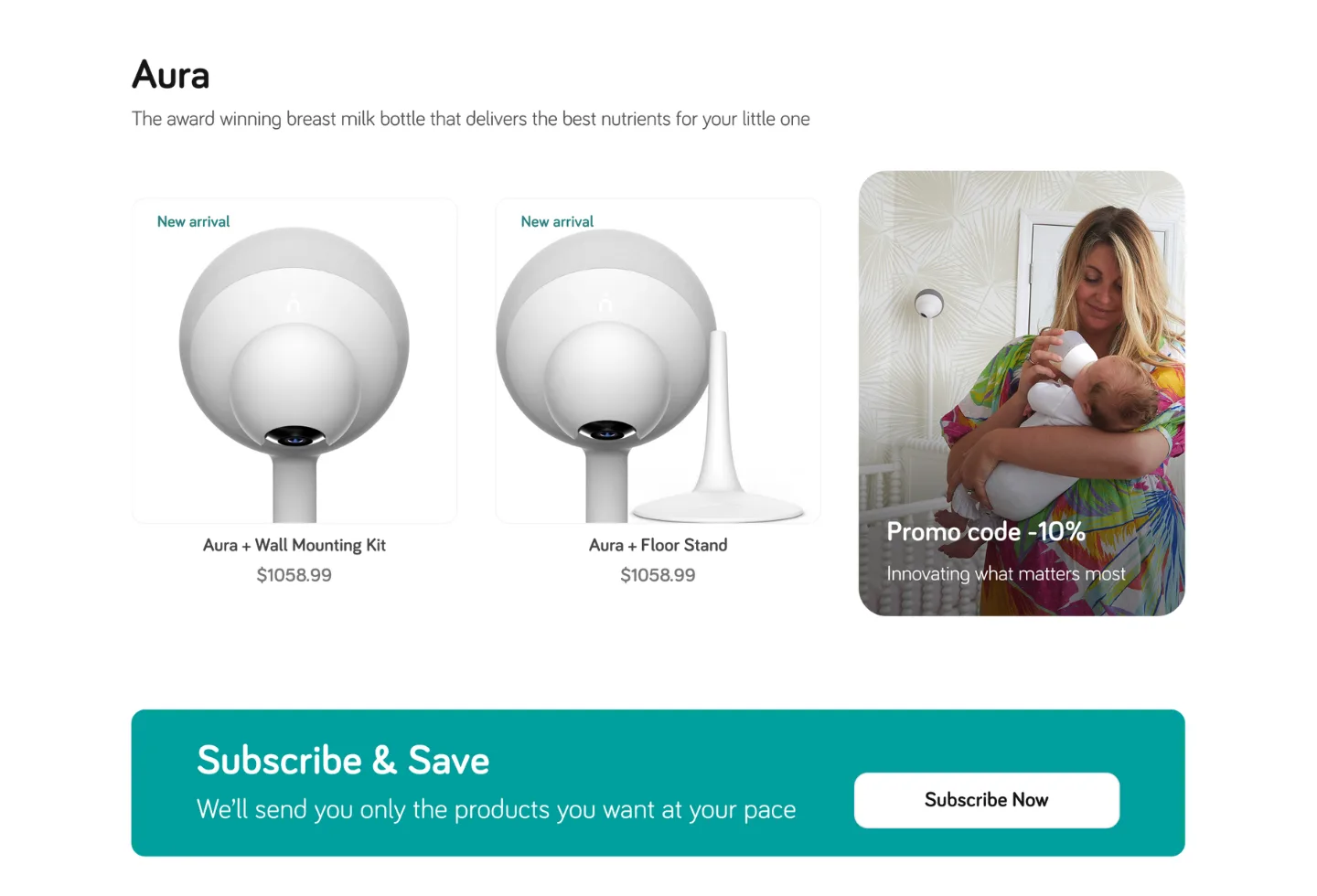 Product display of Aura breast pump accessories: wall mounting kit and floor stand, each priced at $1058.99. Promo code for 10% off shown.