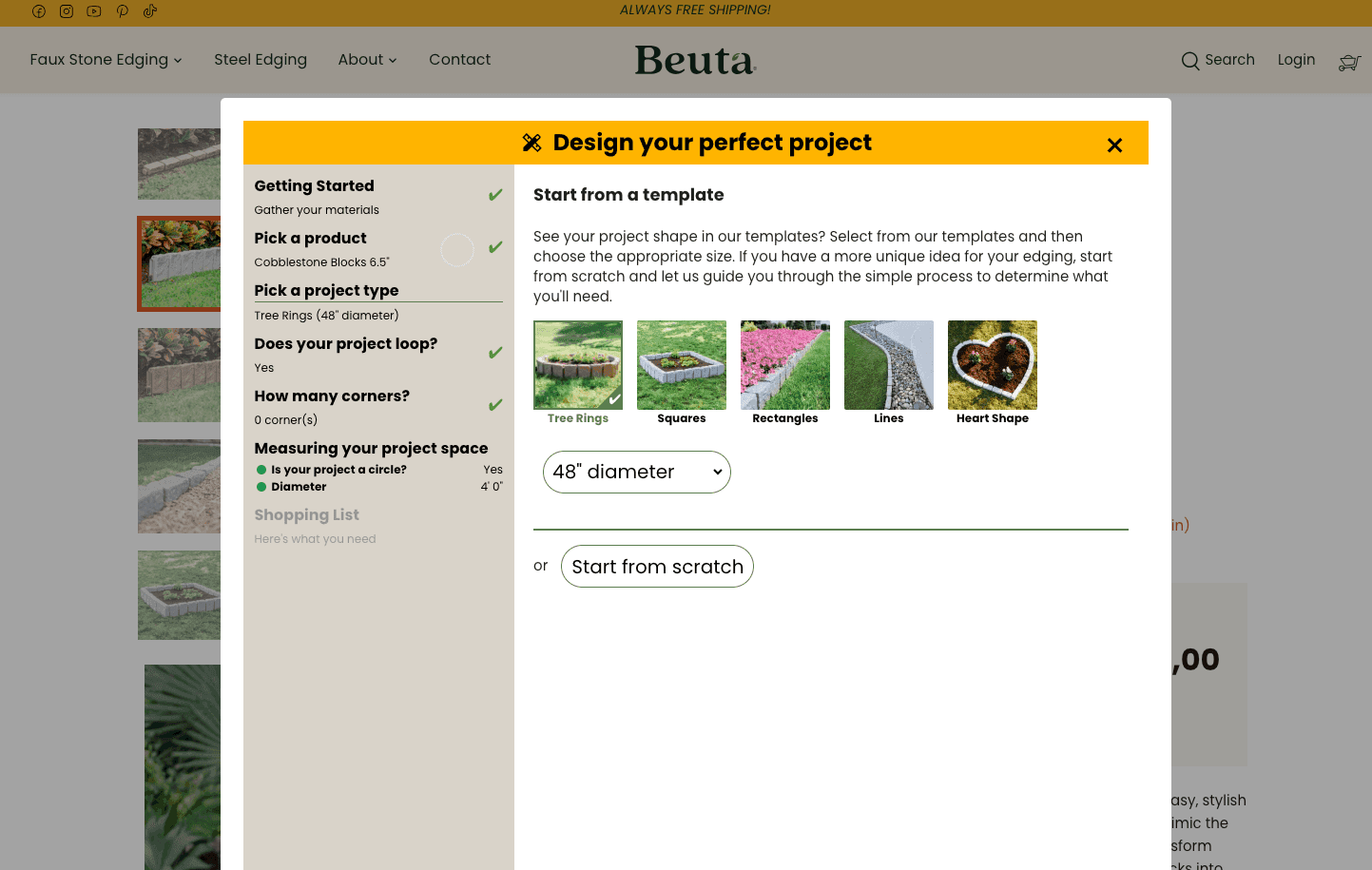 A website interface for designing a project, featuring options for templates, project type, and size selection with a 48" diameter input.