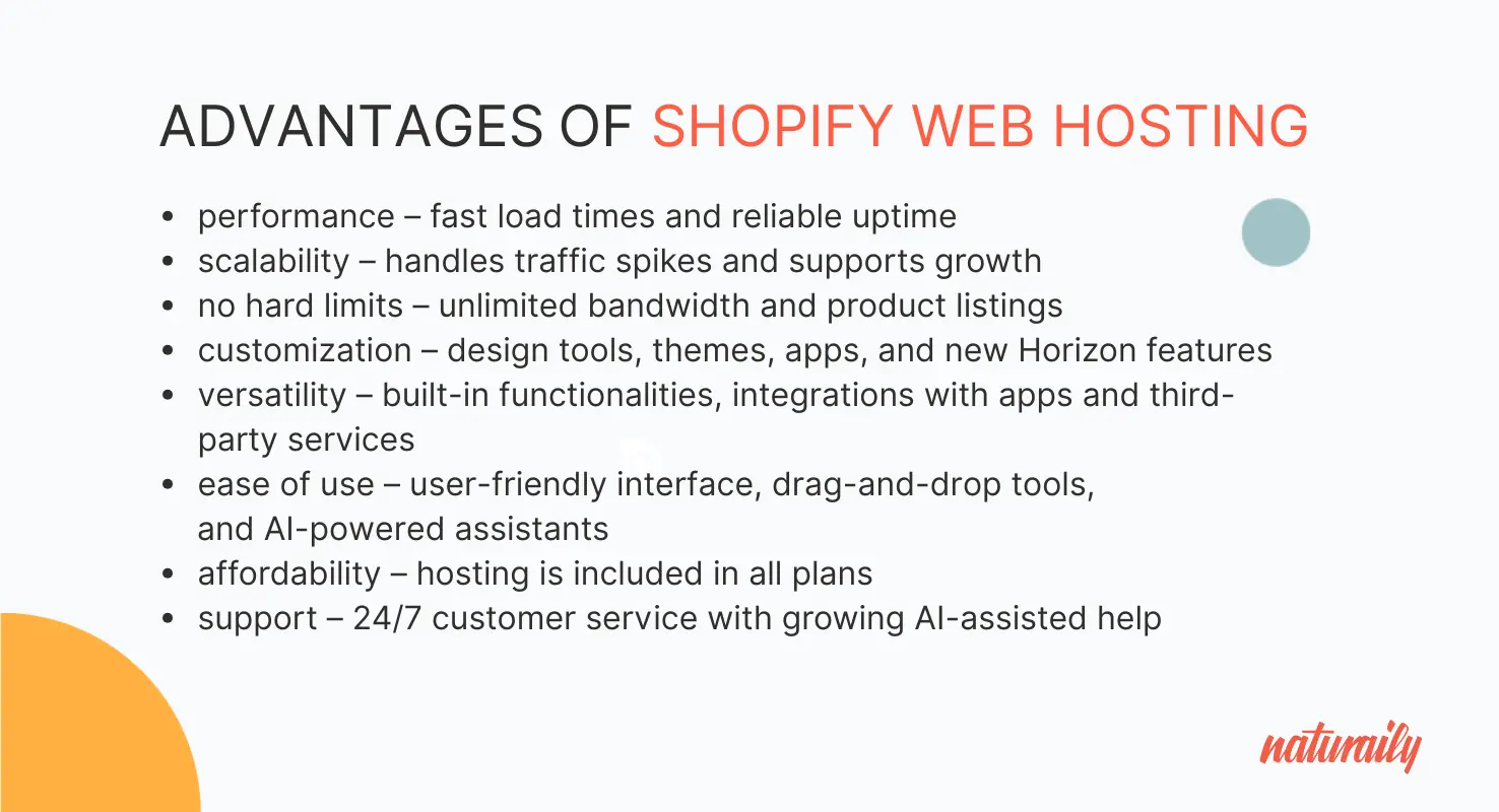 Graphic presenting advantages of Shopify web hosting, like: performance, scalability, customization, versatility, affordability and 24/7 support.