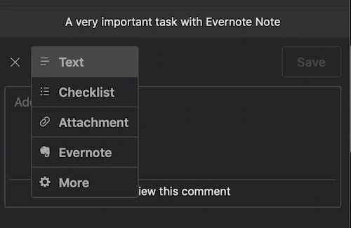 Dropdown menu in a note-taking app with options: Text, Checklist, Attachment, Evernote, and More. The note is titled "A very important task."