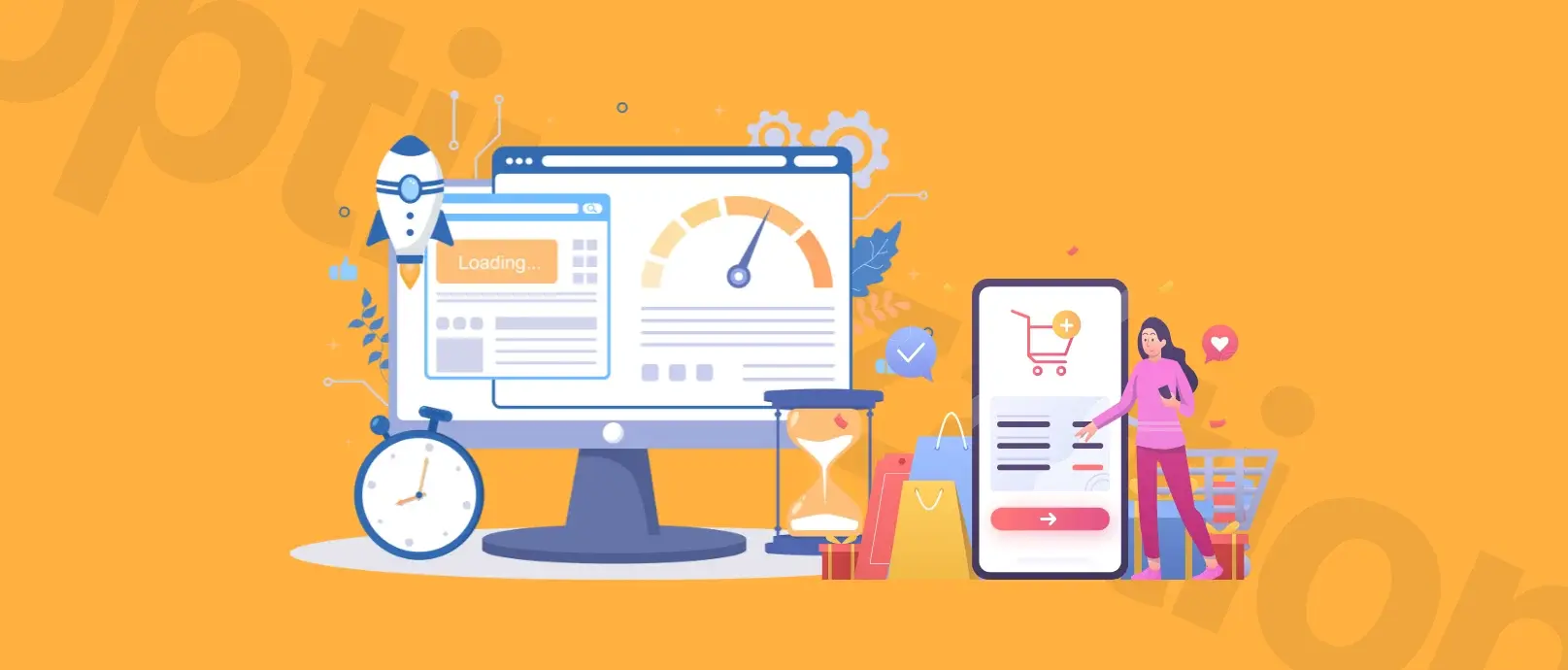 Illustration of e-commerce: a desktop with analytics, smartphone with shopping app, stopwatch, hourglass, and a person with a cart.