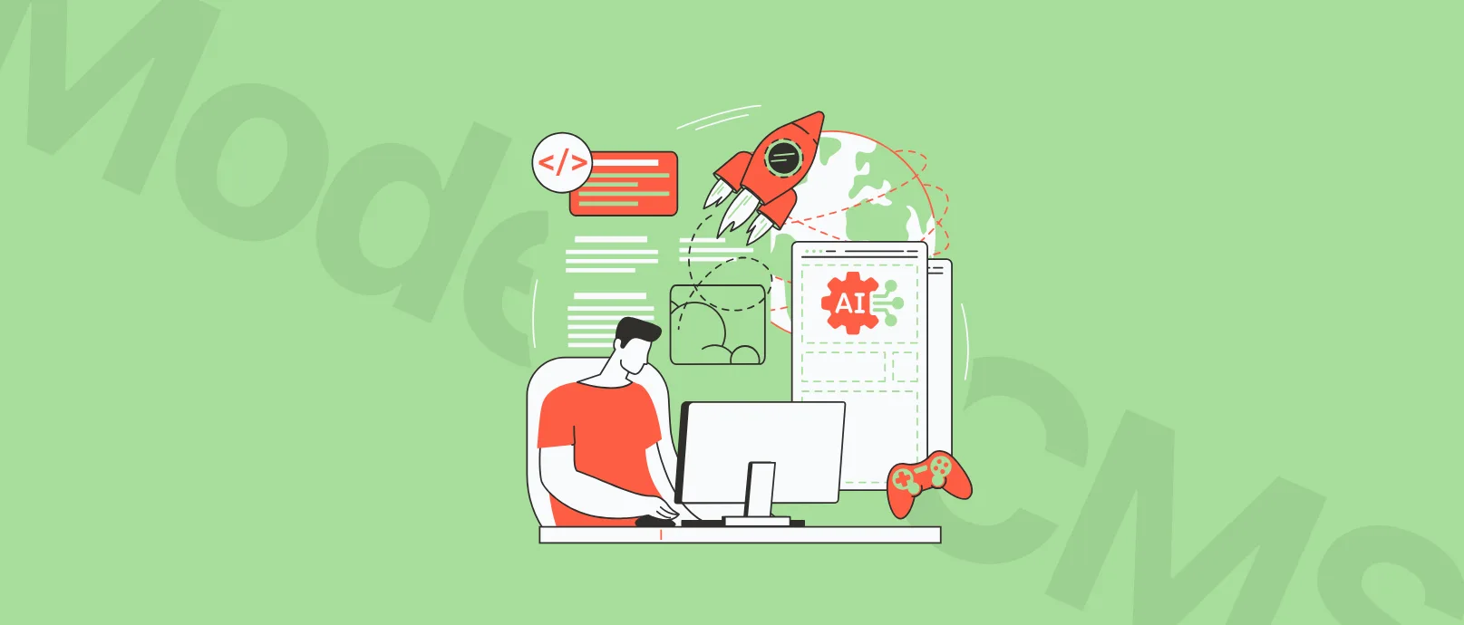 Illustration of a person at a computer with coding elements, globe, rocket, and AI symbol on a green background.