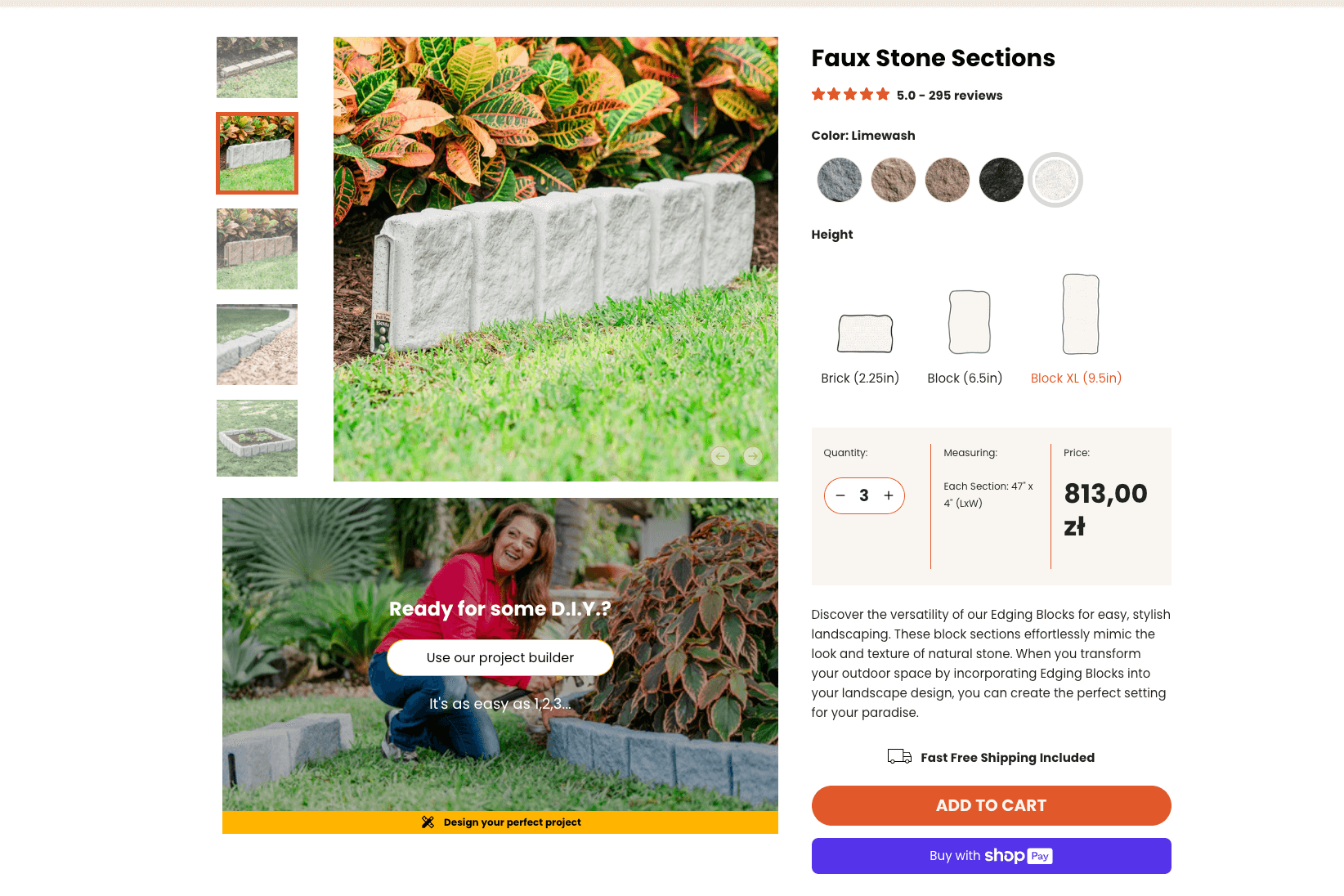 A webpage displaying faux stone sections for landscaping. Includes product images, pricing, customer reviews, and a DIY project builder.