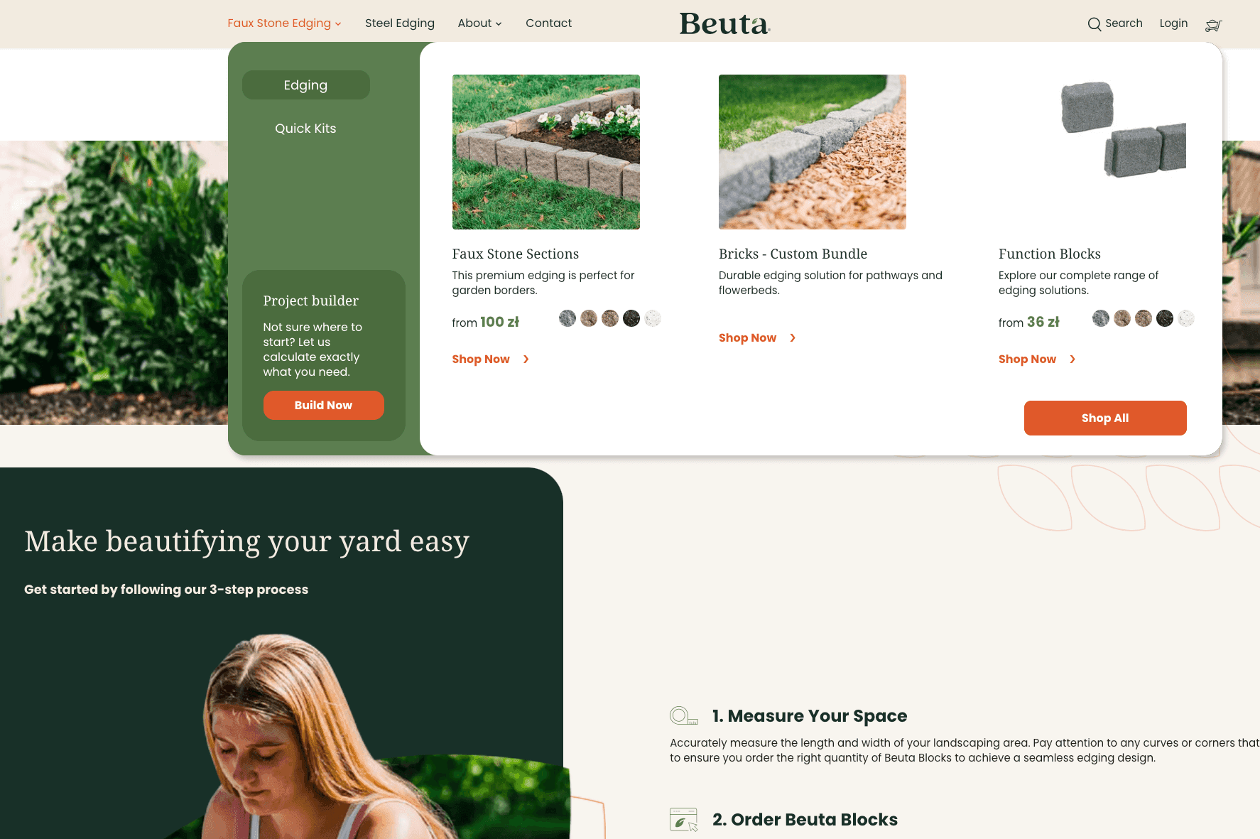 Website showcasing garden landscaping products, including faux stone sections and bricks. Features a project builder and a 3-step process guide.