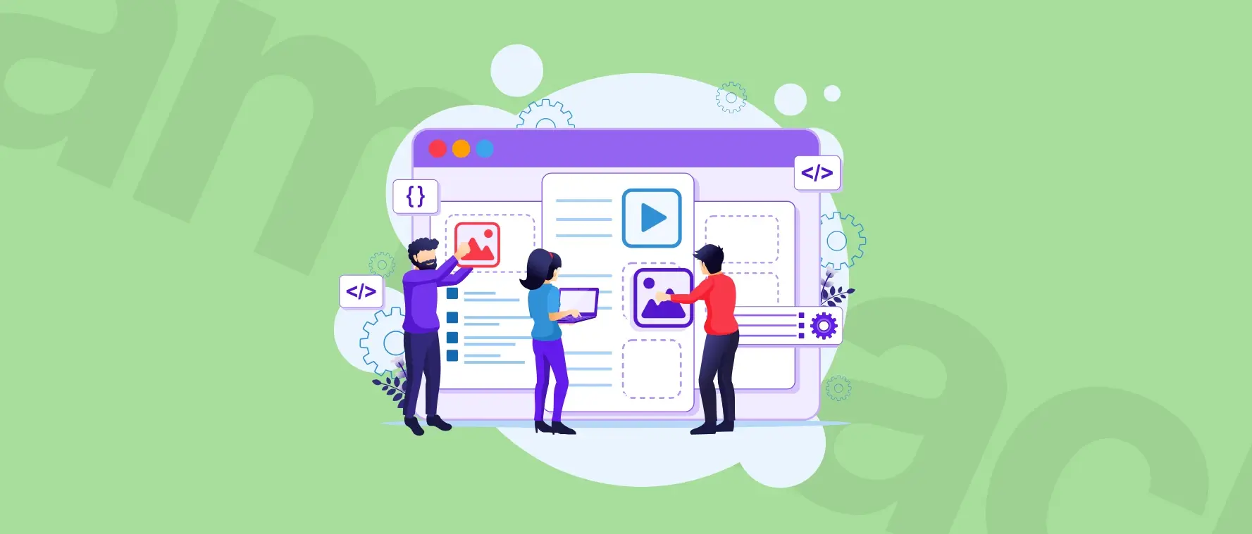 What is Jamstack cover photo. Illustration of three people interacting with a large web interface, featuring icons for images, video, and settings on a green background.