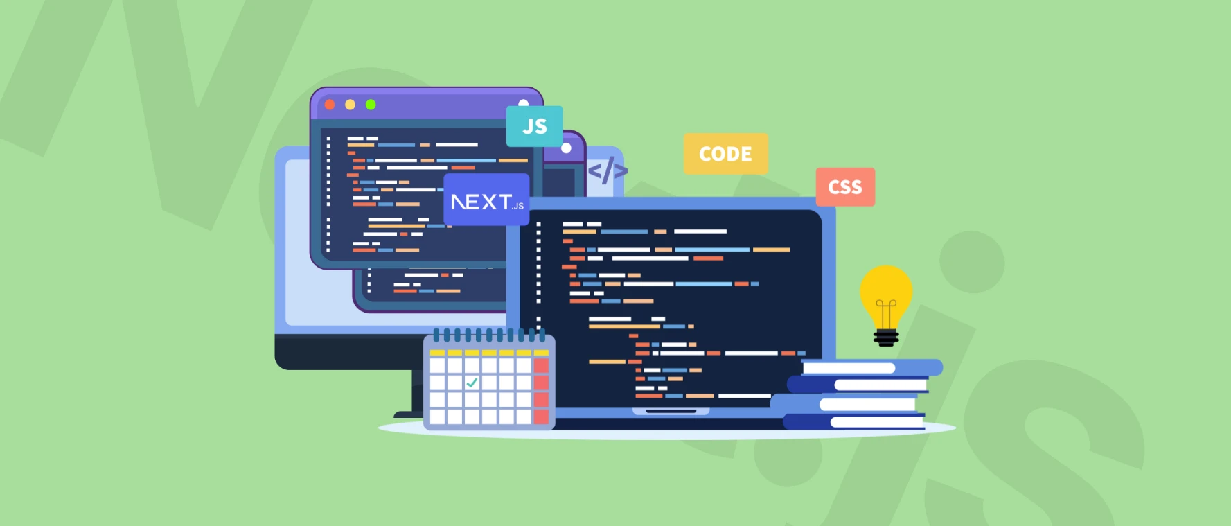 Illustration of computer screens displaying code with JavaScript, Next.js, and CSS tags, a calendar, books, and a lightbulb on a green background.