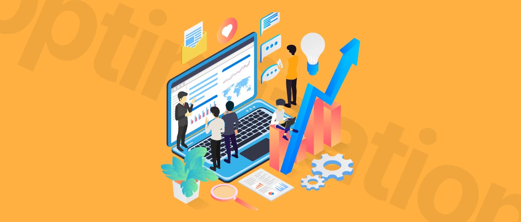 Illustration of people analyzing data on a laptop, modern website optimization