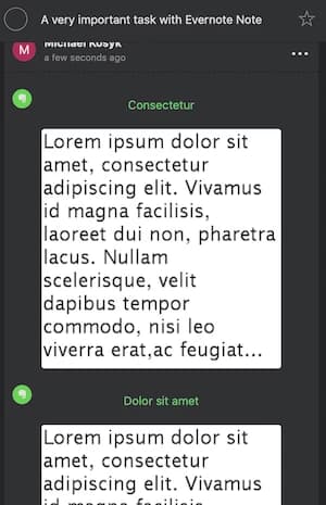 Screenshot of an Evernote app showing two notes with placeholder text, titled "Consectetur" and "Dolor sit amet."