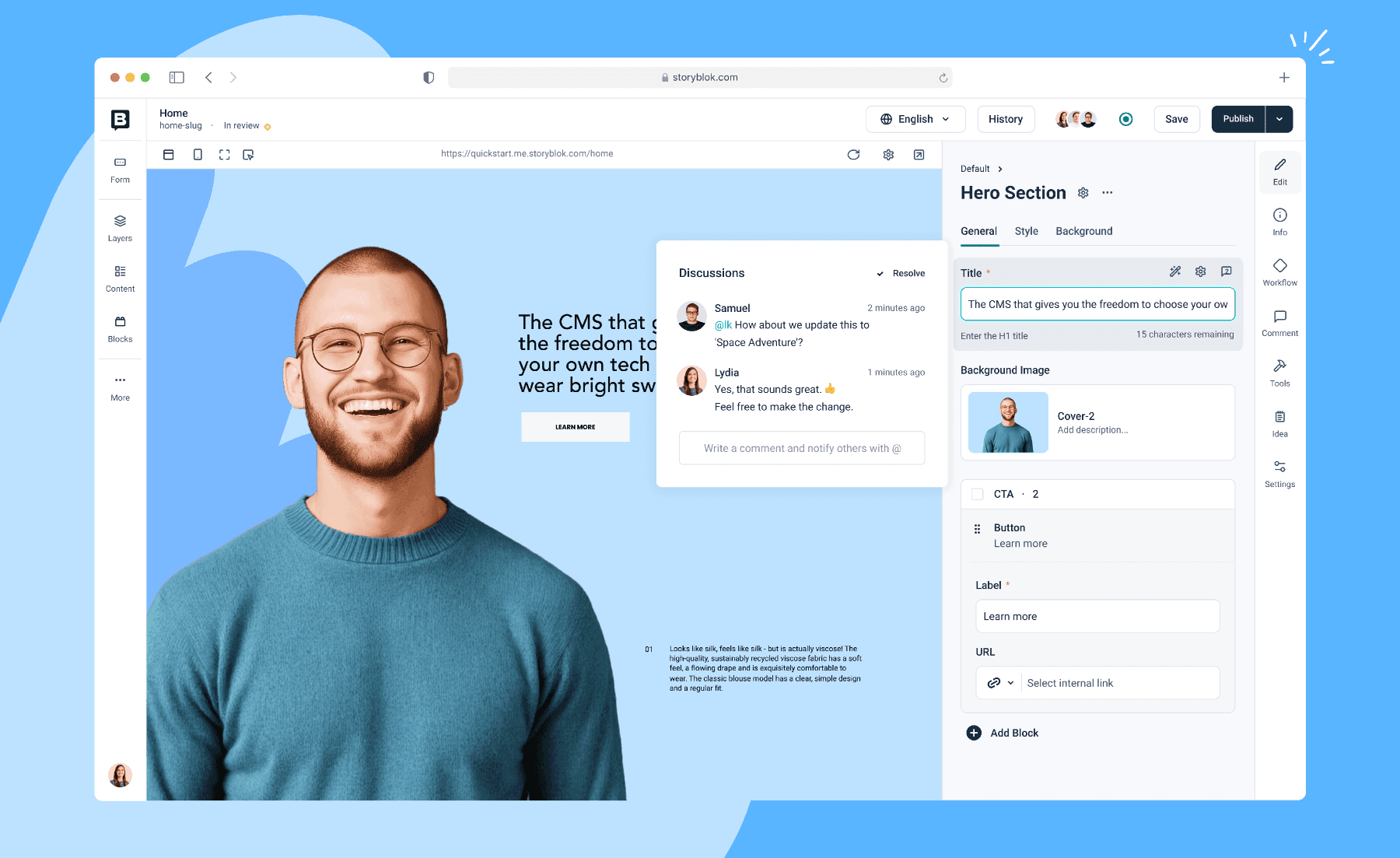 A smiling person in a blue sweater is featured on a website design interface with discussion and customization options visible.