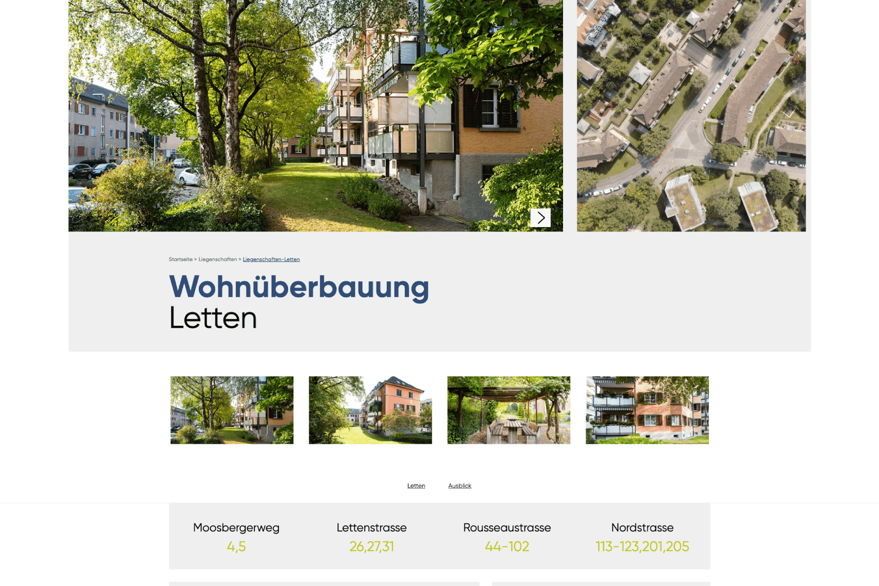 Collage of residential buildings and greenery, with addresses listed below. Main text reads "Wohnüberbauung Letten."