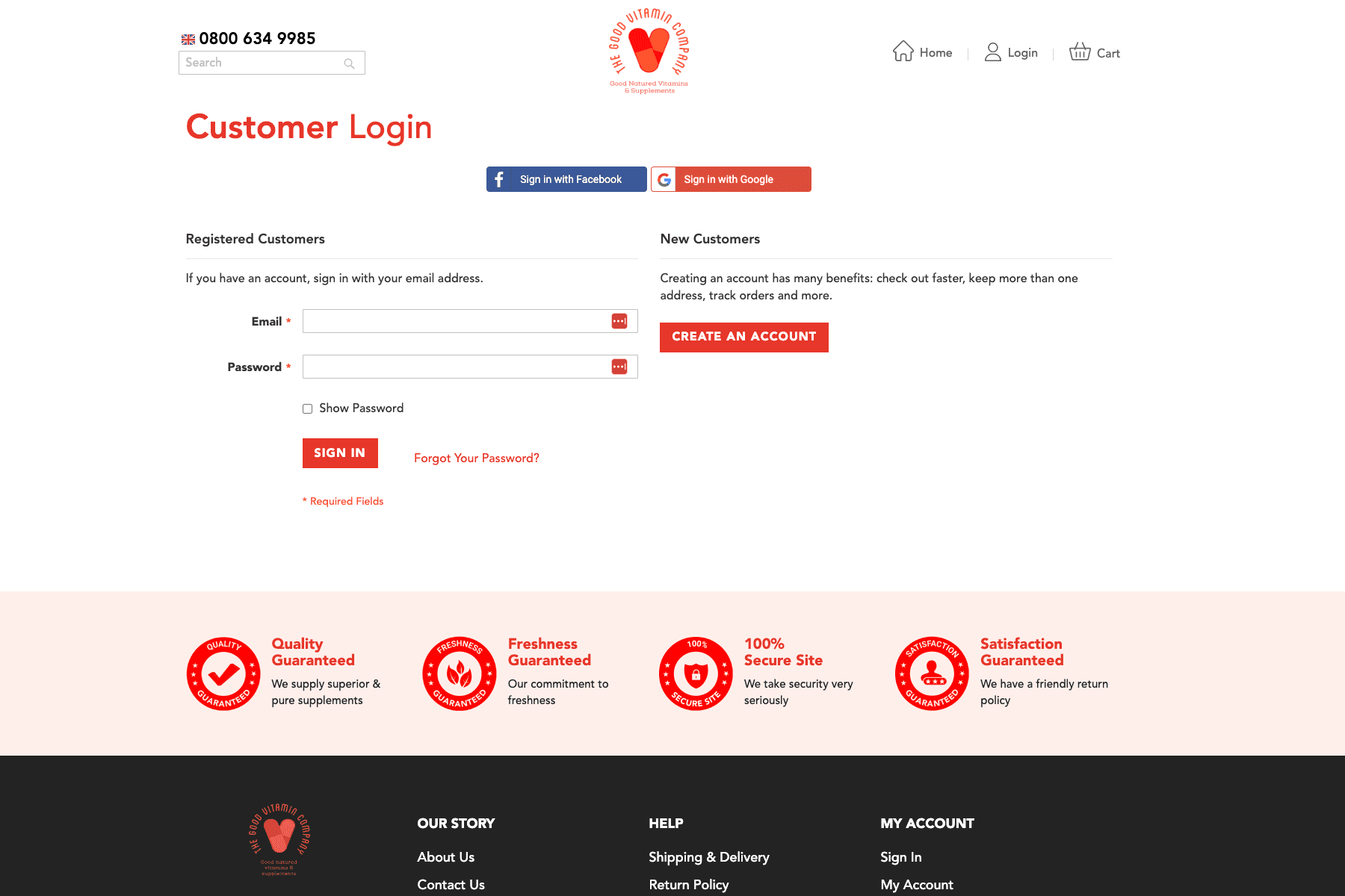 Customer login page with email and password fields, sign-in buttons for Facebook and Google, and options for creating a new account.