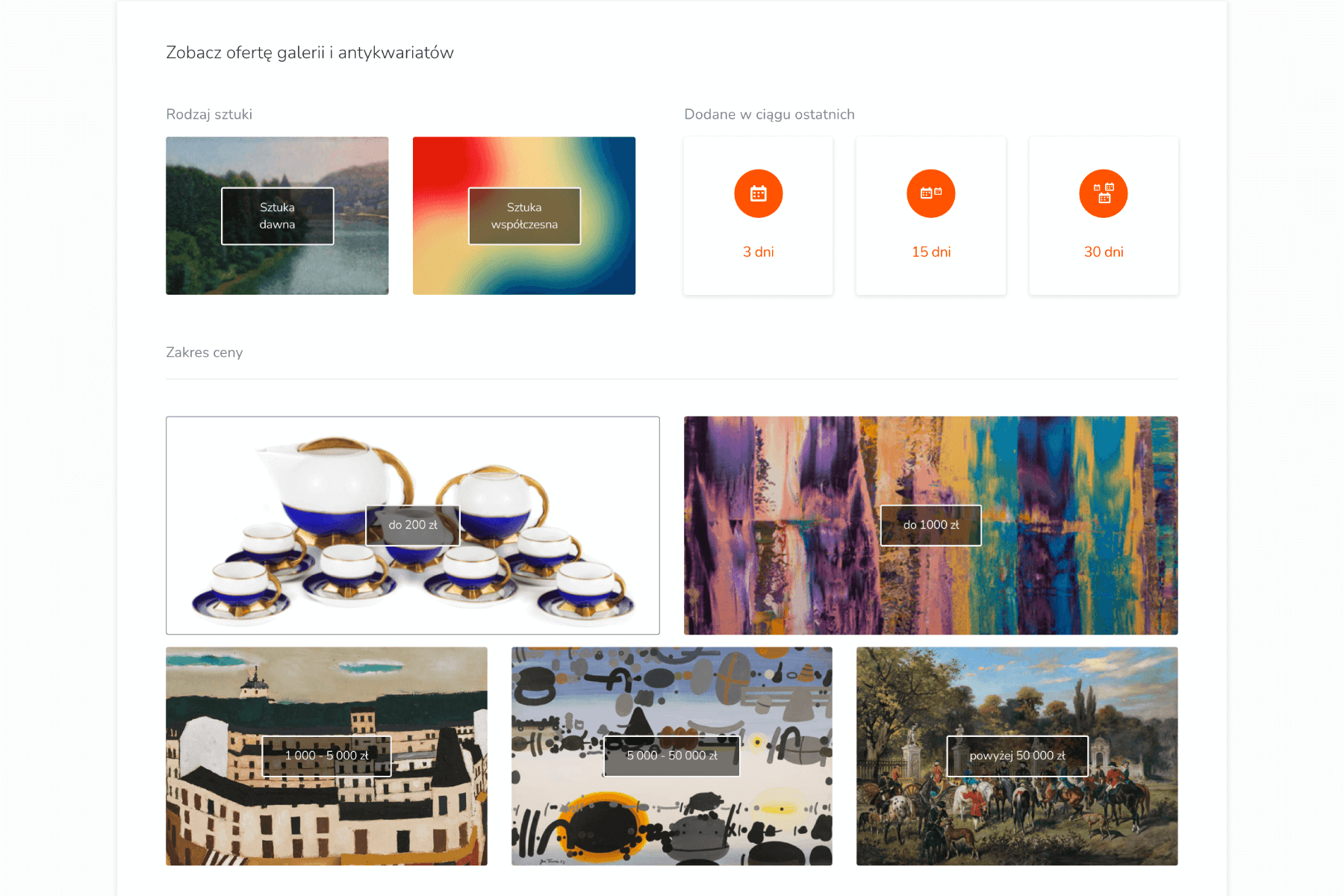 A webpage displaying art categories, pricing options, and recent additions. Includes images of teacups, paintings, and a color gradient.