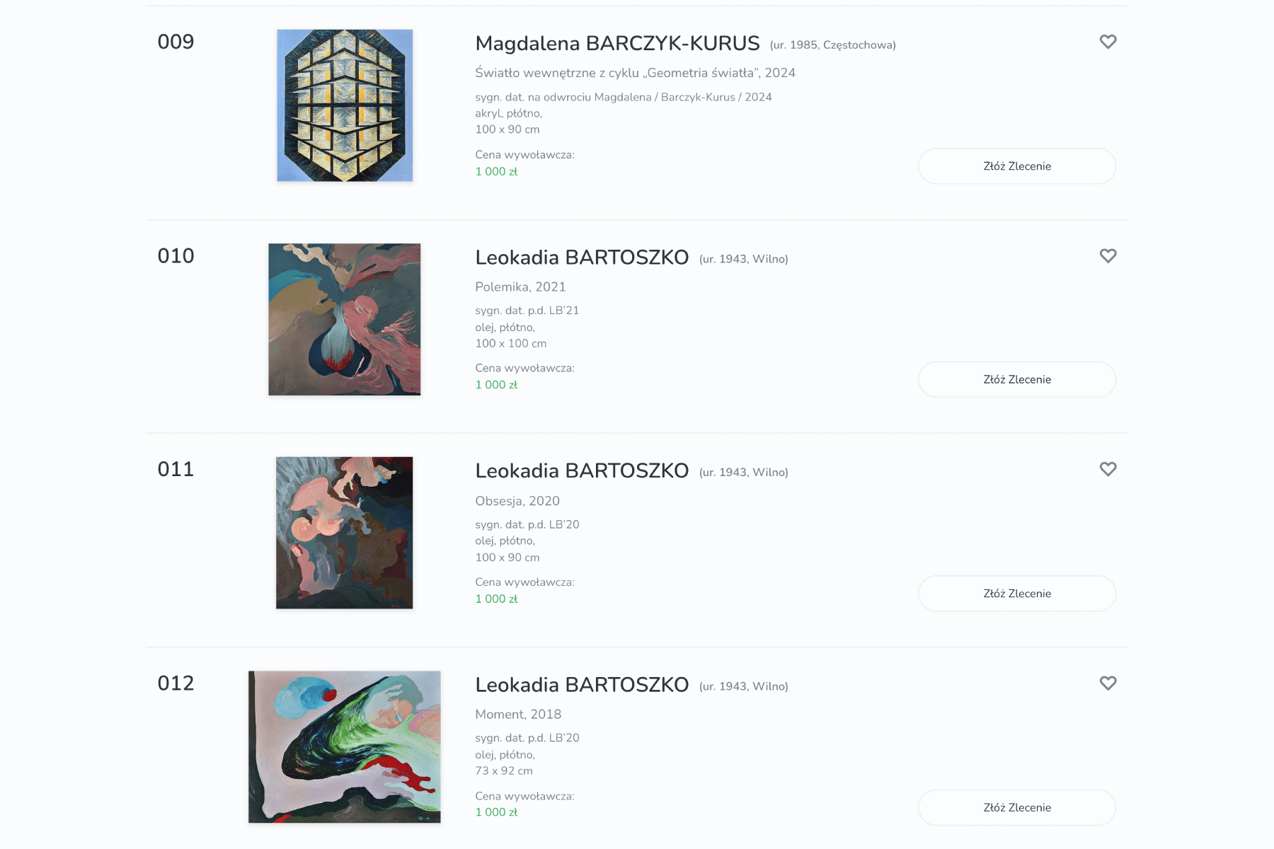 Art catalog page showing four paintings with titles, artist names, years, and prices. Each listing includes a small thumbnail image.