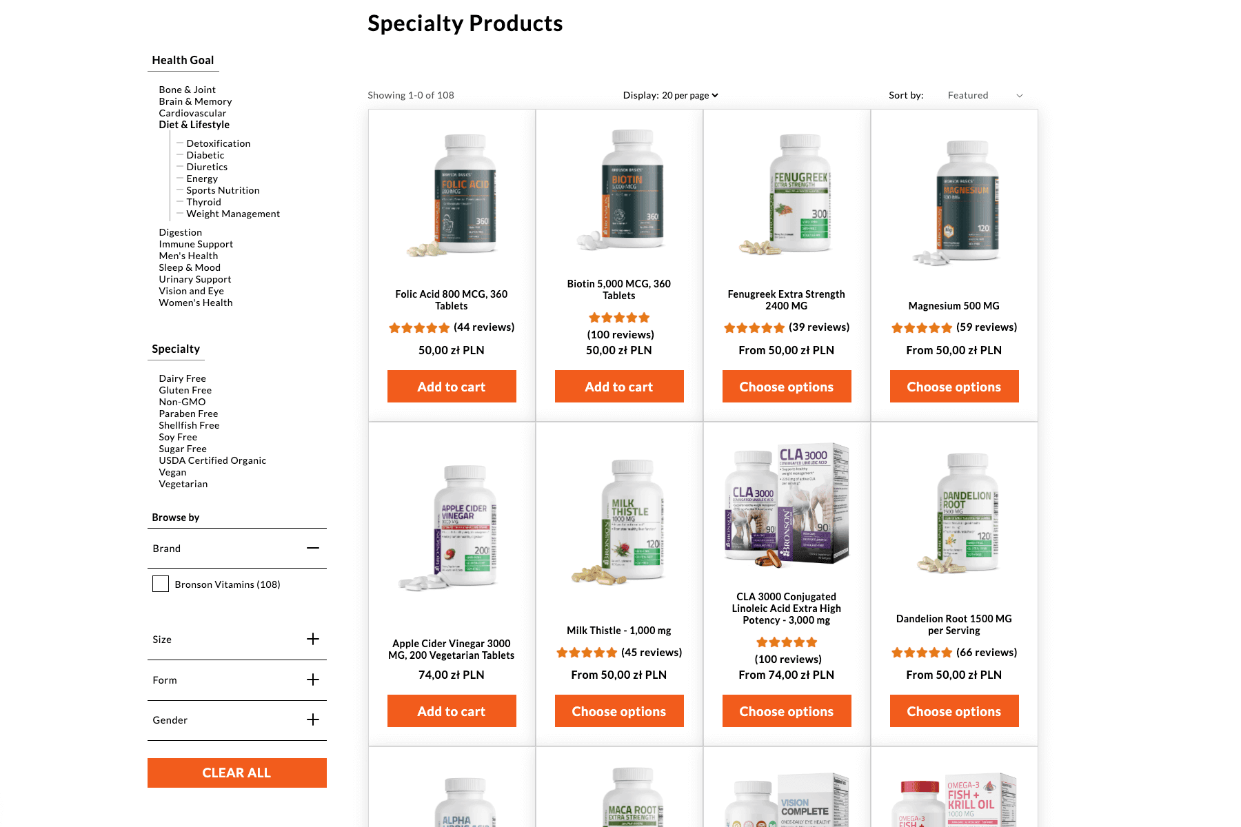 E-commerce webpage displaying various dietary supplements in bottles, with options to add to cart or choose, and filters on the left sidebar.