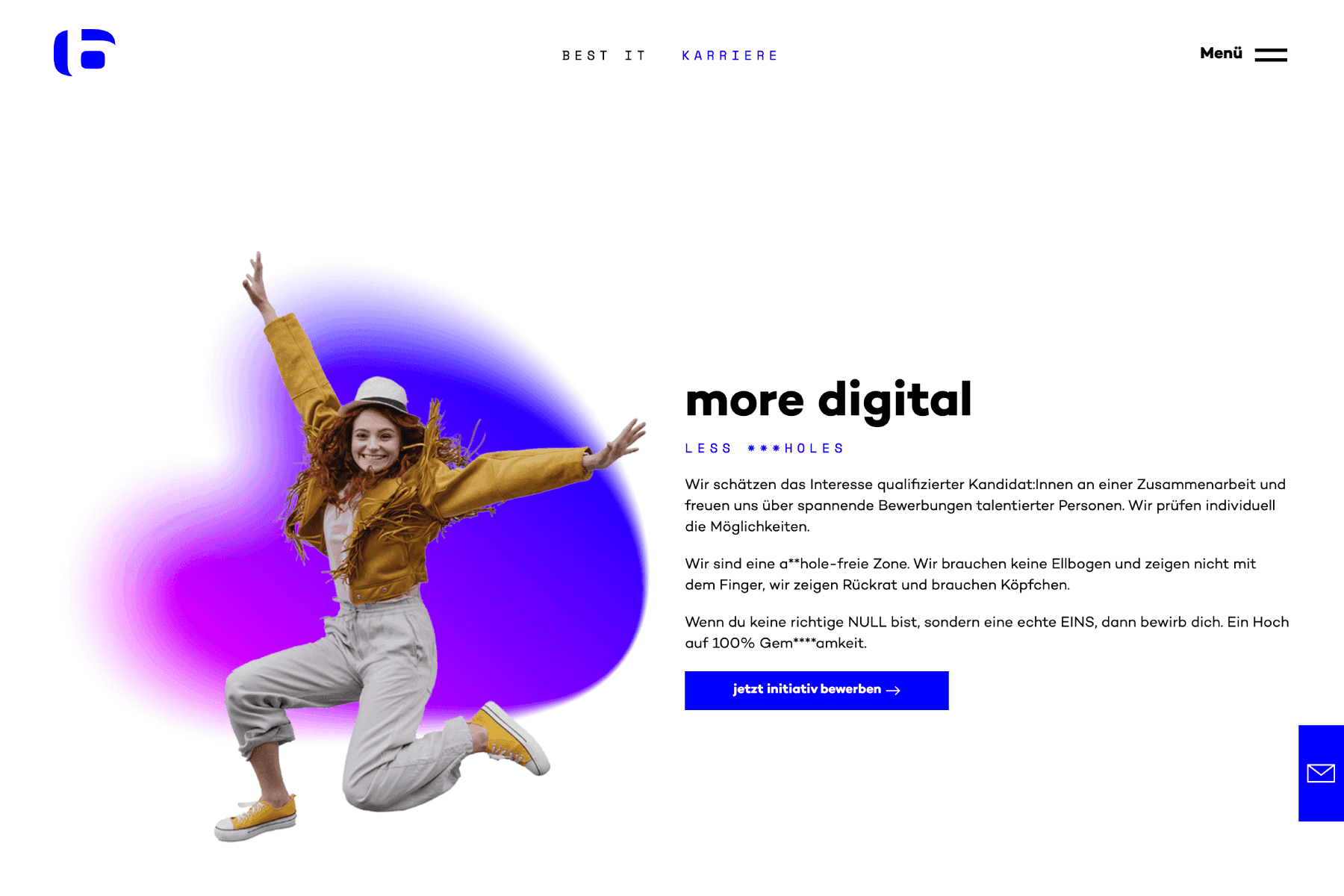 A person in a yellow jacket and hat jumps joyfully against a purple gradient background, with text promoting a digital career opportunity.