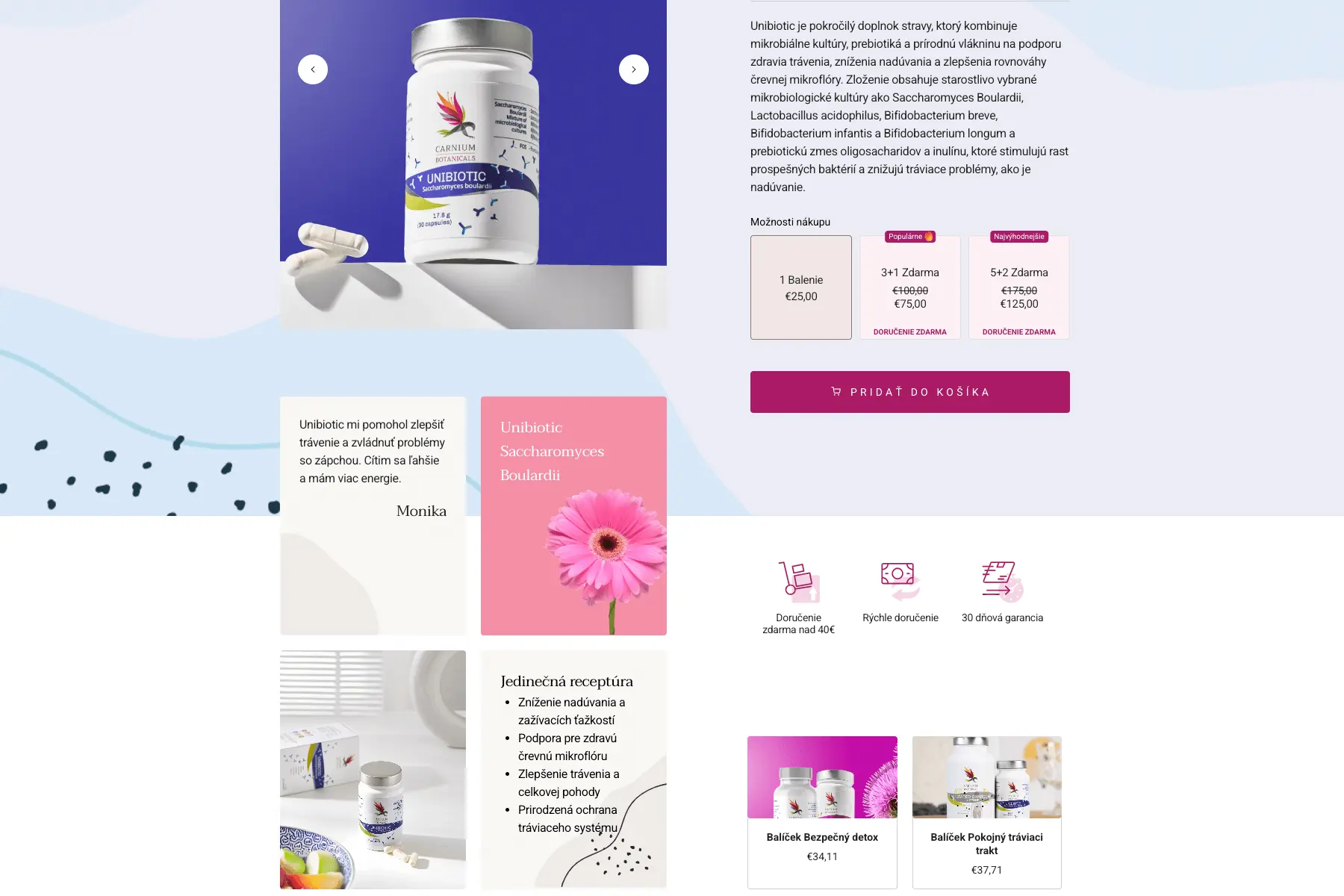 Product page featuring a probiotic supplement bottle, capsules, and pink flower. Includes pricing, benefits, and customer testimonials.