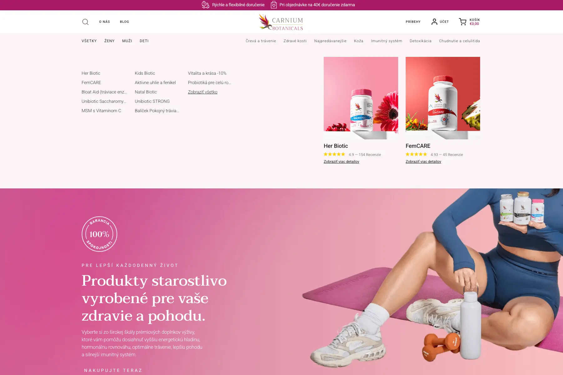 Website showcasing health supplements, featuring bottles of Her Biotic and FemCARE. A person exercises with dumbbells and a water bottle.