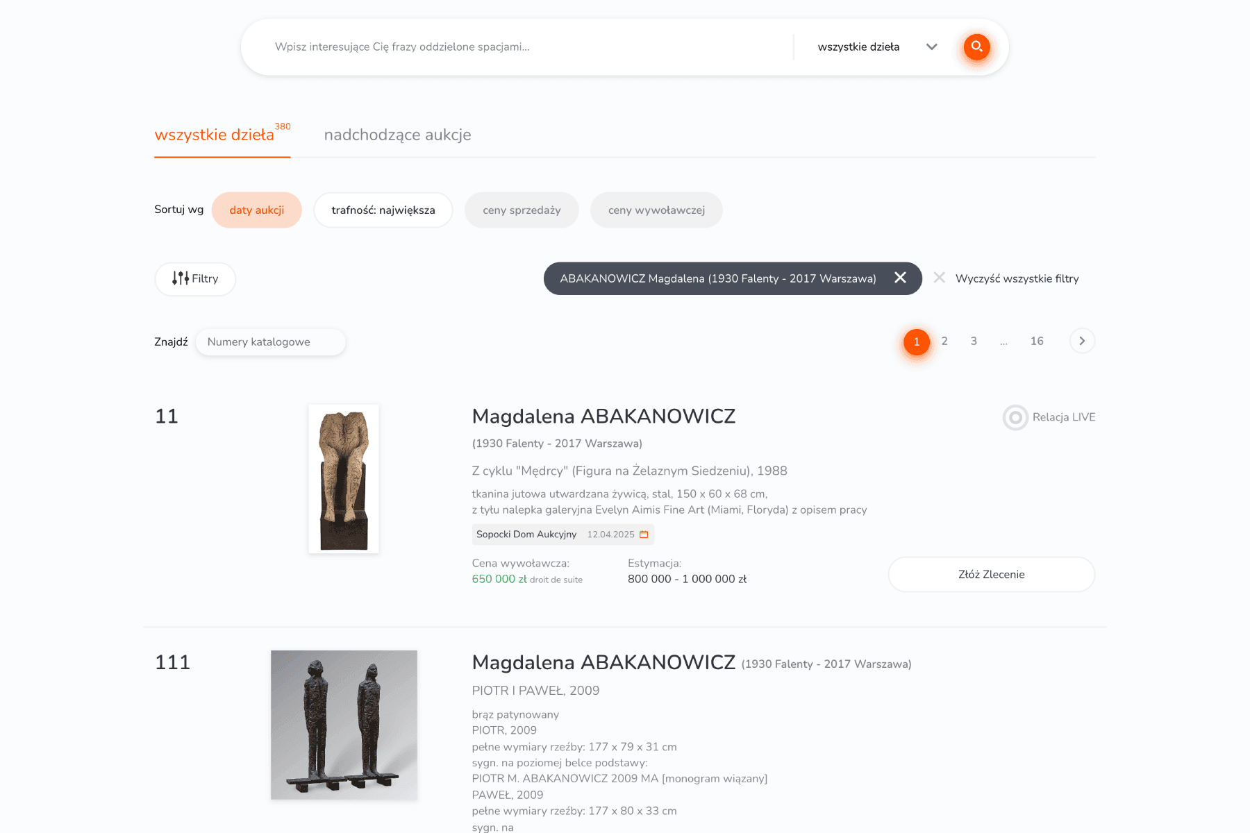 Auction website showing listings for Magdalena Abakanowicz sculptures, with filters and search options visible at the top.