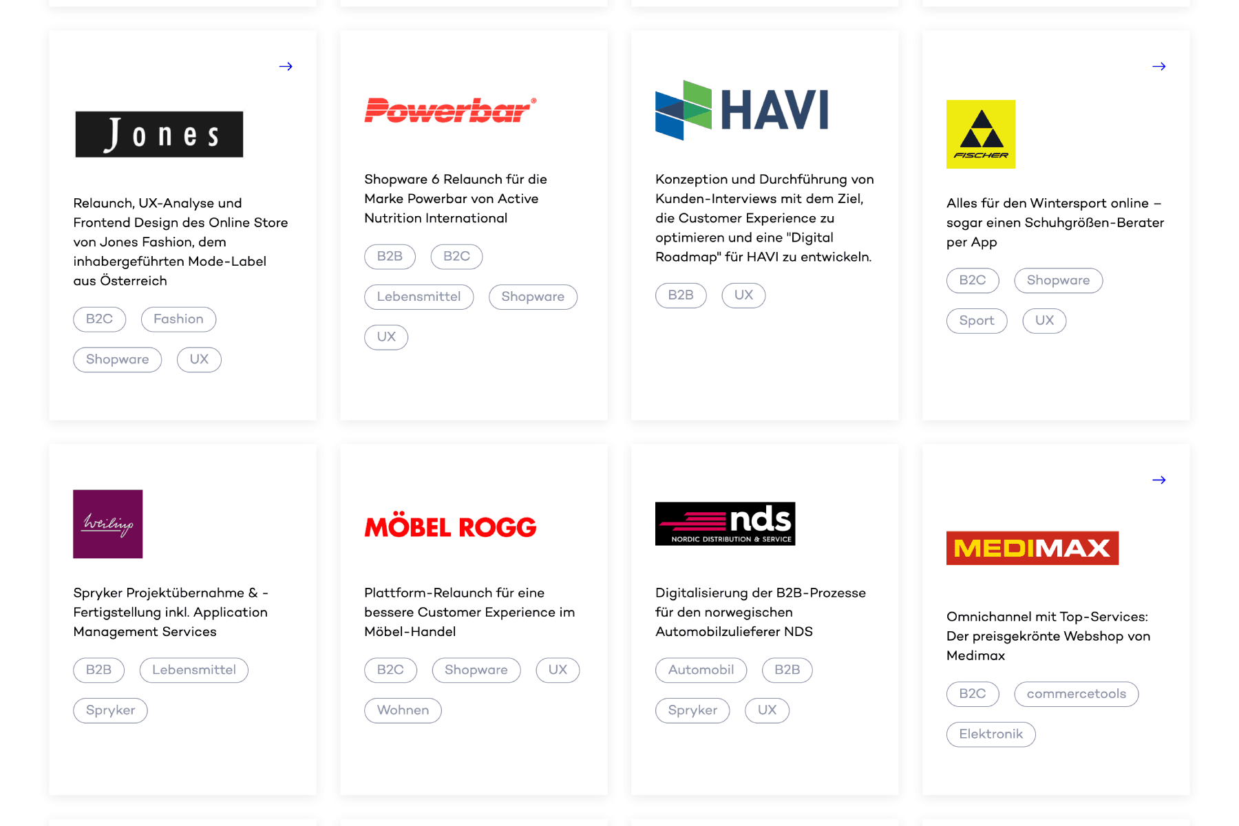 A grid of eight business cards with various company logos and descriptions, showcasing services like UX, B2C, and digital transformation.