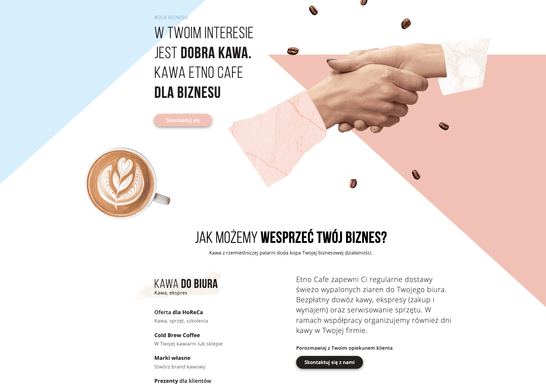 Coffee-themed business webpage with a latte art image, coffee beans, and text about Etno Cafe's office coffee services and support.