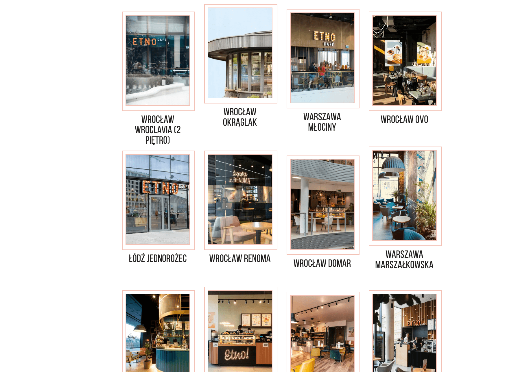 Grid of nine cafe photos, each with a location label: Wrocław, Warszawa, Łódź. Interiors and exteriors with modern decor.