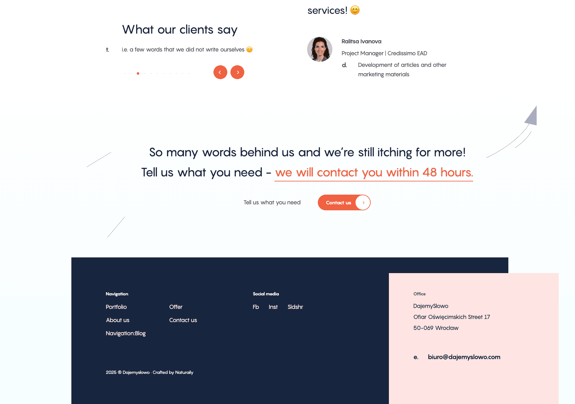 A webpage section with client testimonials, contact information, and company details. A highlighted text promises contact within 48 hours.