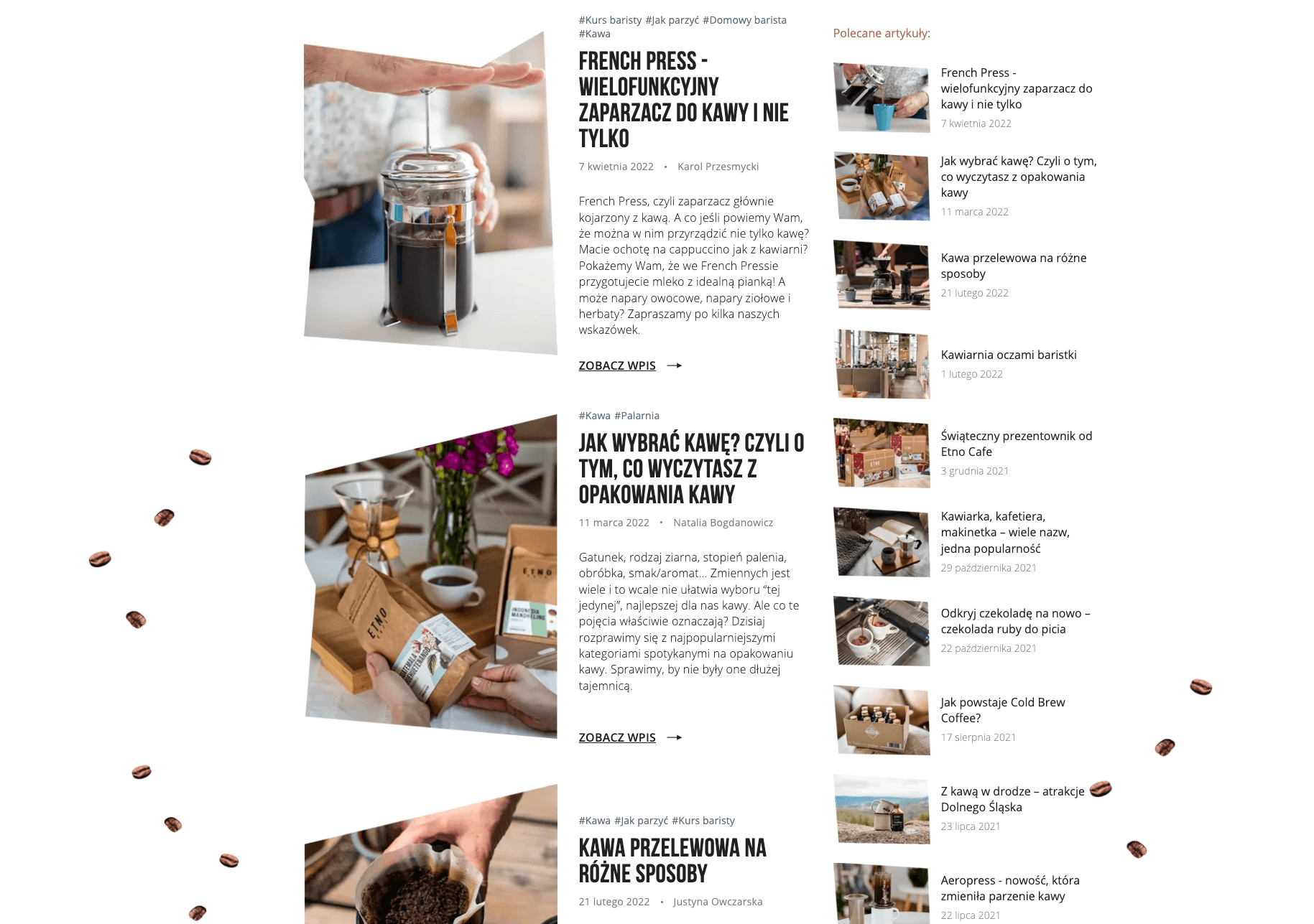 A website layout showcasing articles about coffee, featuring images of French presses, coffee beans, and brewing methods.
