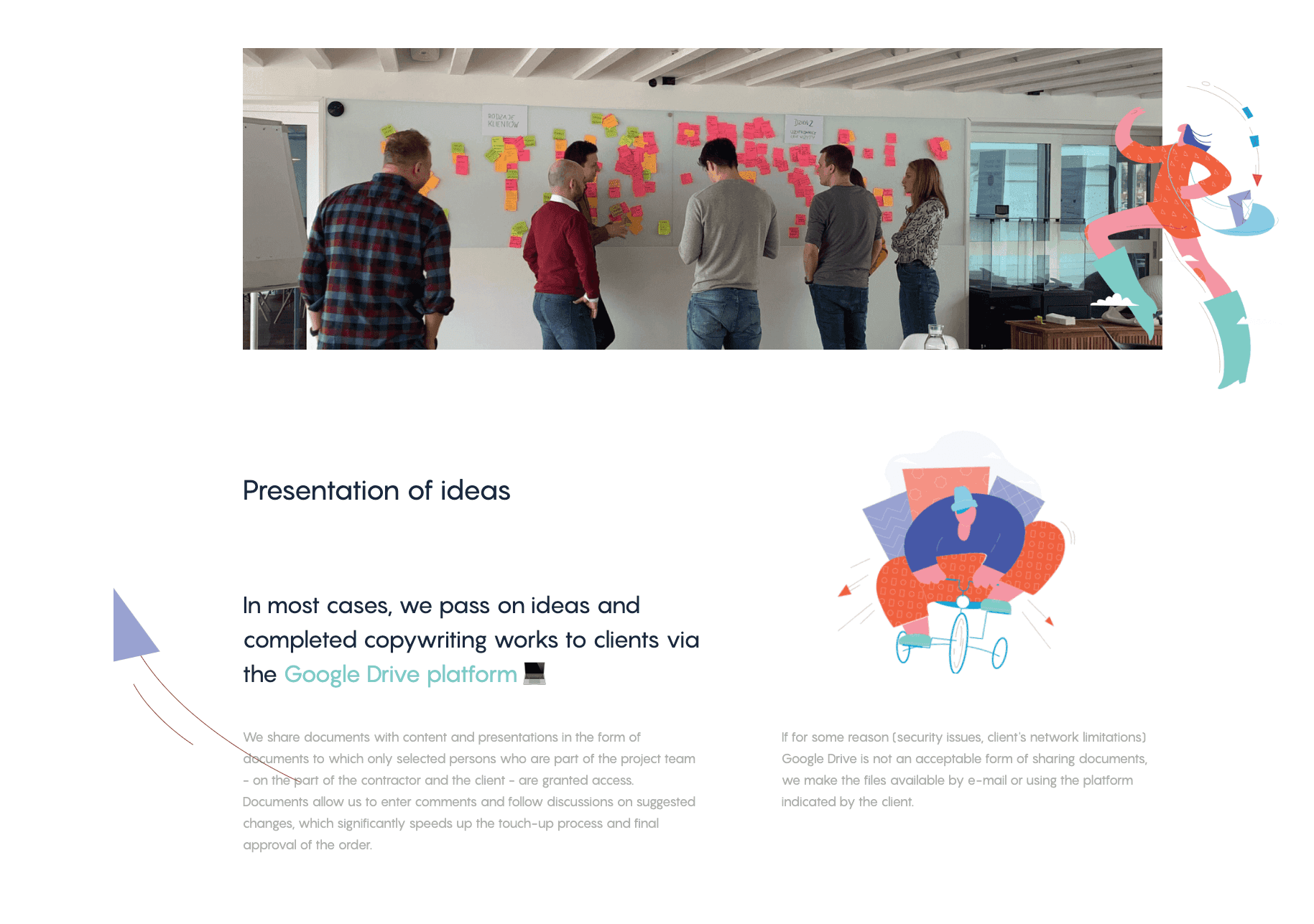 People collaborating and discussing ideas in front of a wall with colorful sticky notes, with text about using Google Drive for sharing documents.