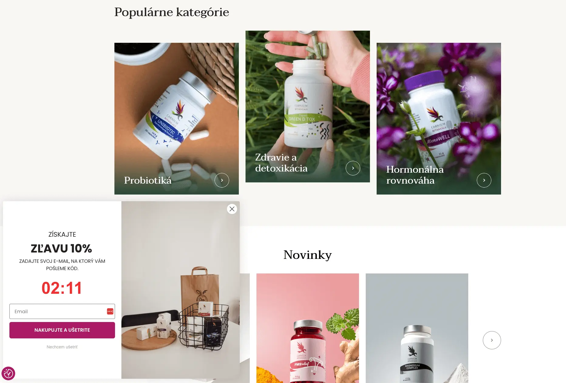 Website showcasing health supplements with categories for probiotics, detox, and hormonal balance. Includes a pop-up for a 10% discount offer.