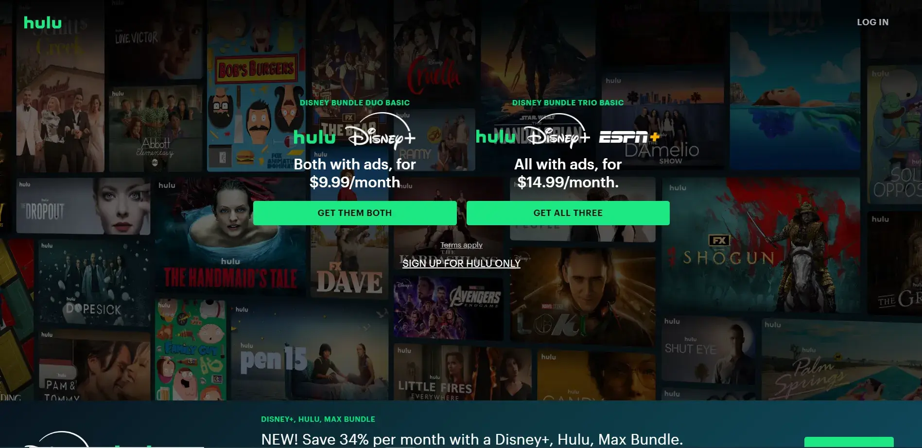 Streaming service homepage showcasing Hulu, Disney+, and ESPN+ bundle options with various show thumbnails in the background.