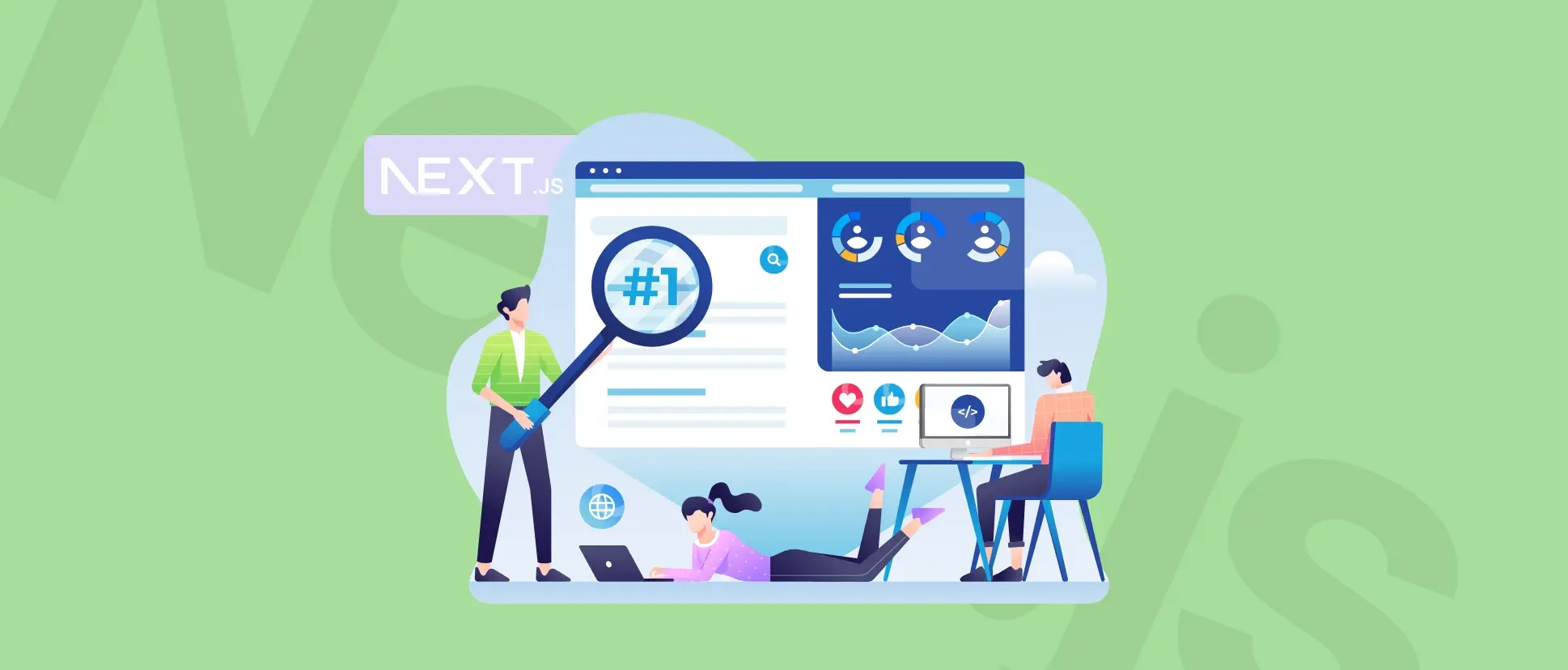 Illustration of people interacting with a large screen displaying analytics and a magnifying glass highlighting "#1," on a green background. It is a cover photo of a blogpost about Next.js.