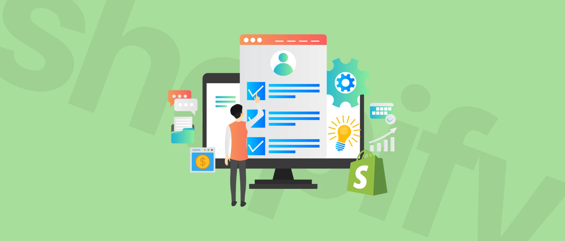 Illustration of a person interacting with digital checklists on a monitor, surrounded by icons of gears, graphs, and a Shopify bag on a green background.