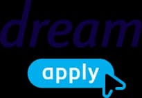 Stylized text logo with "dream" in dark blue and "apply" in a blue speech bubble with a cursor pointer symbol.
